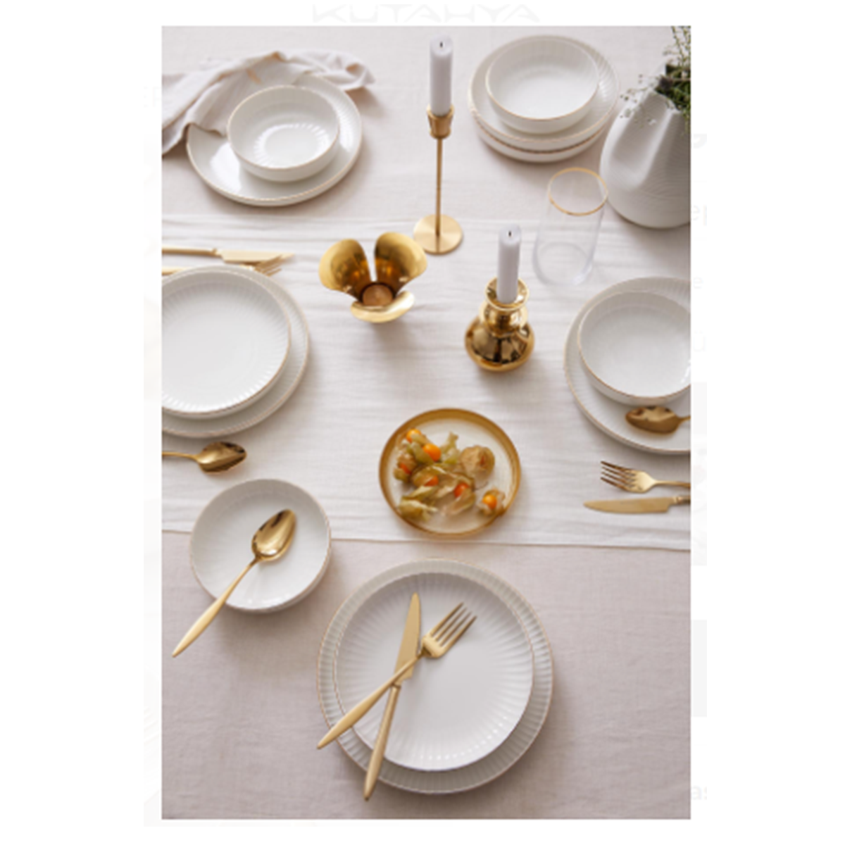 Kütahya Porselen Bone Crest 18 Parça 6 Kişilik Yemek Takımı Altın Fileli