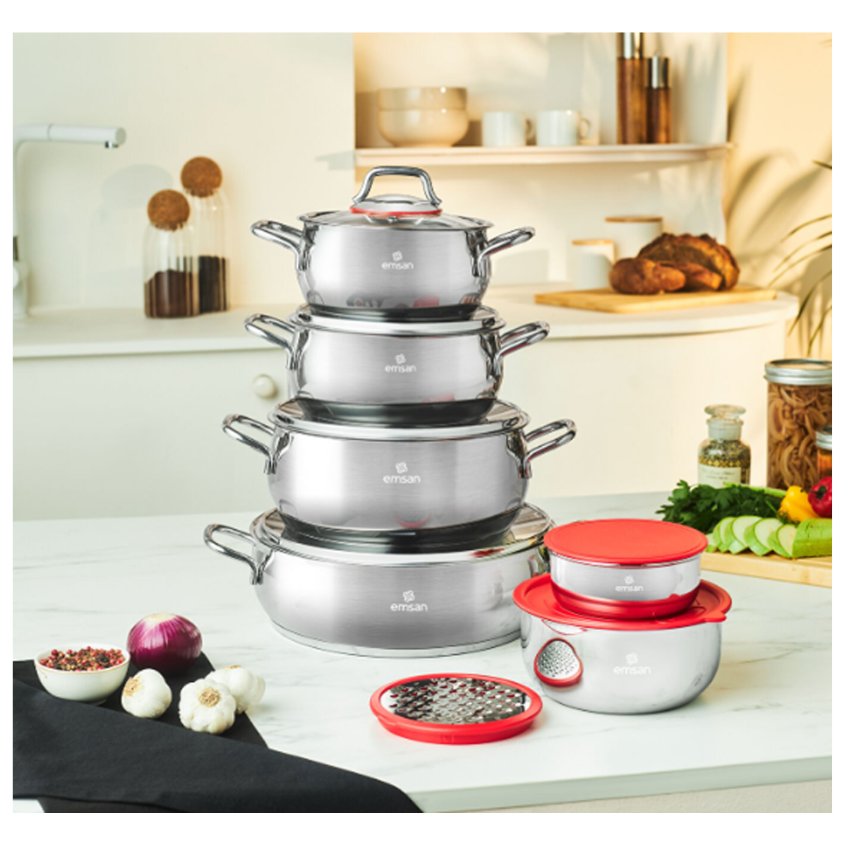 Emsan Emirgan XL 13 Parça Saklama Kaplı Çelik Tencere Seti