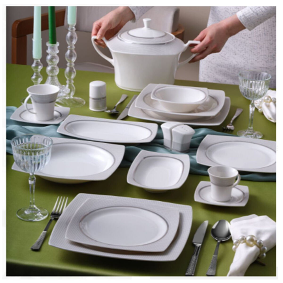 Güral Porselen Caroline 85 Parça 12 Kişilik Kare Yemek Takımı 6565