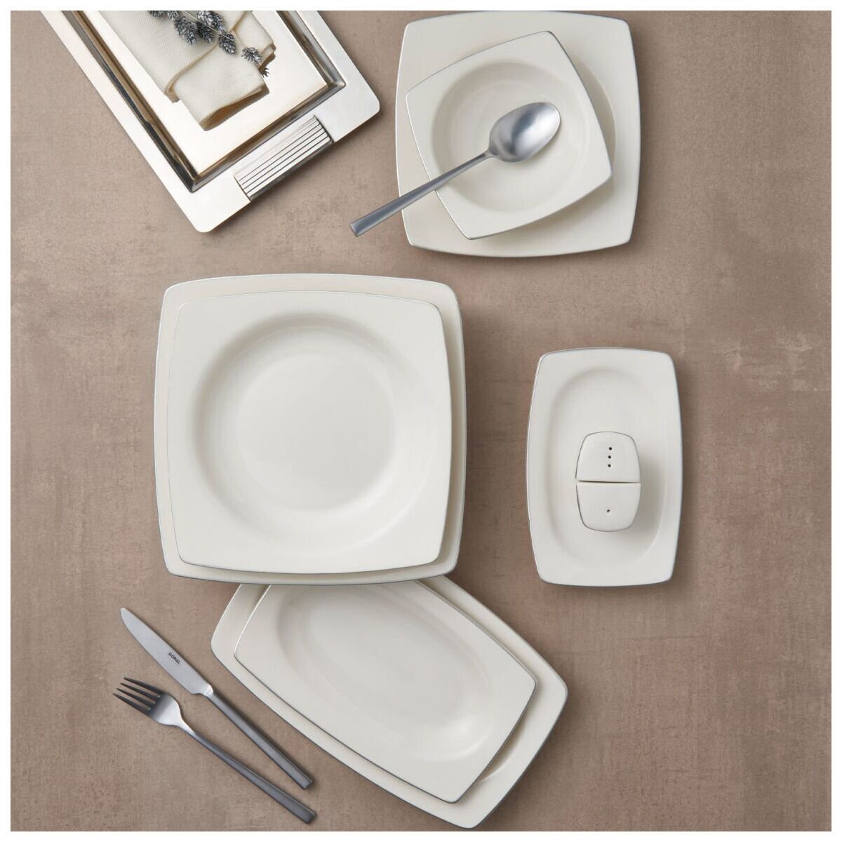 Güral Porselen Caroline 54 Parça 12 Kişilik Kare Yemek Takımı Gümüş Yaldız 220