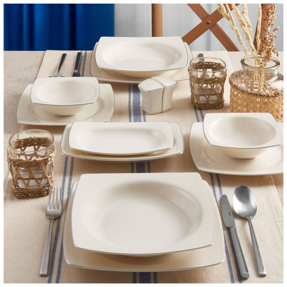 Güral Porselen Caroline 54 Parça 12 Kişilik Kare Yemek Takımı Gümüş Yaldız 220