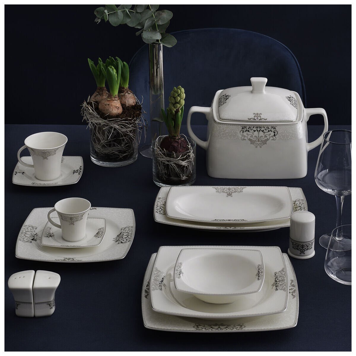 Güral Porselen Caroline 85 Parça 12 Kişilik Kare Yemek Takımı 56861